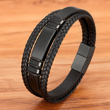 Men's Double-Layer Leather & Steel Bracelet