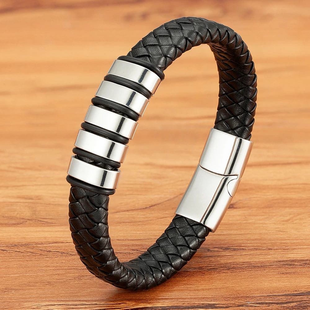 Steel Rings Leather Bracelet