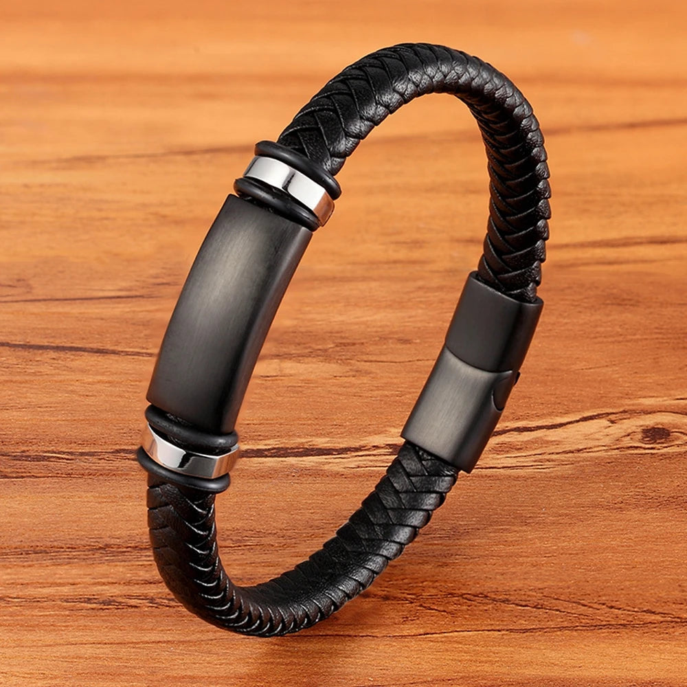 Braided Steel Leather Bracelet