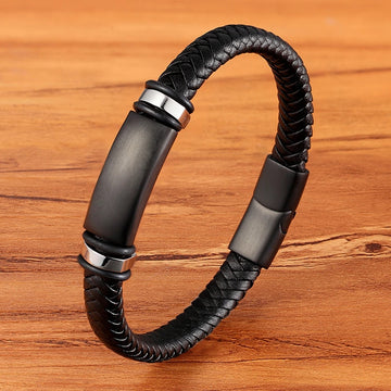 Braided Steel Leather Bracelet