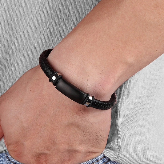 Braided Steel Leather Bracelet