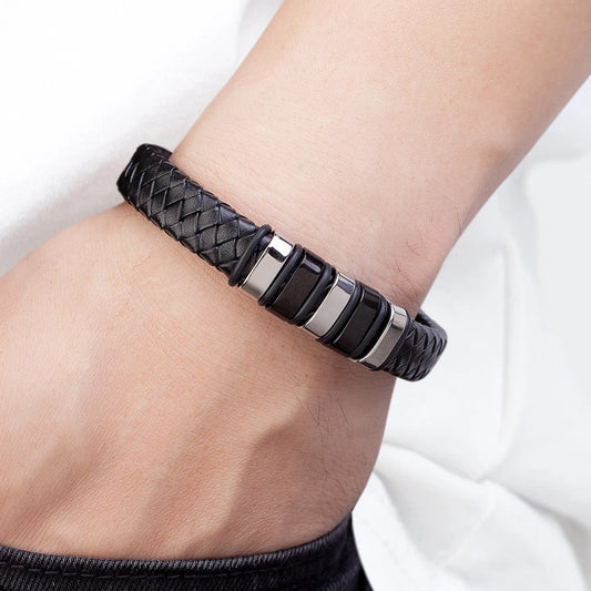 Steel Rings Leather Bracelet