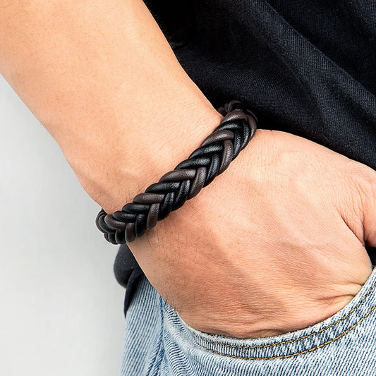 Men's Minimalist Braided Leather Bracelet with Black Steel Clasp
