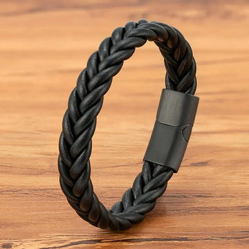 Men's Minimalist Braided Leather Bracelet with Black Steel Clasp