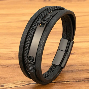 Men's All-Black Multi-Layer Leather Bracelet