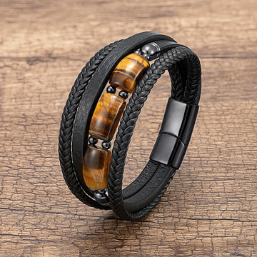 Braided natural tiger eye leather bracelet