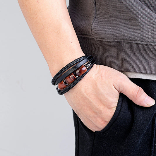 Braided natural tiger eye leather bracelet