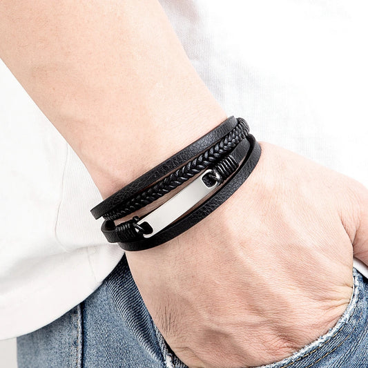 Men's All-Black Multi-Layer Leather Bracelet